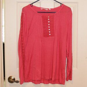 Soft Surroundings Shirt Womens PL Pink Lace Trim Long Sleeve Henley Top